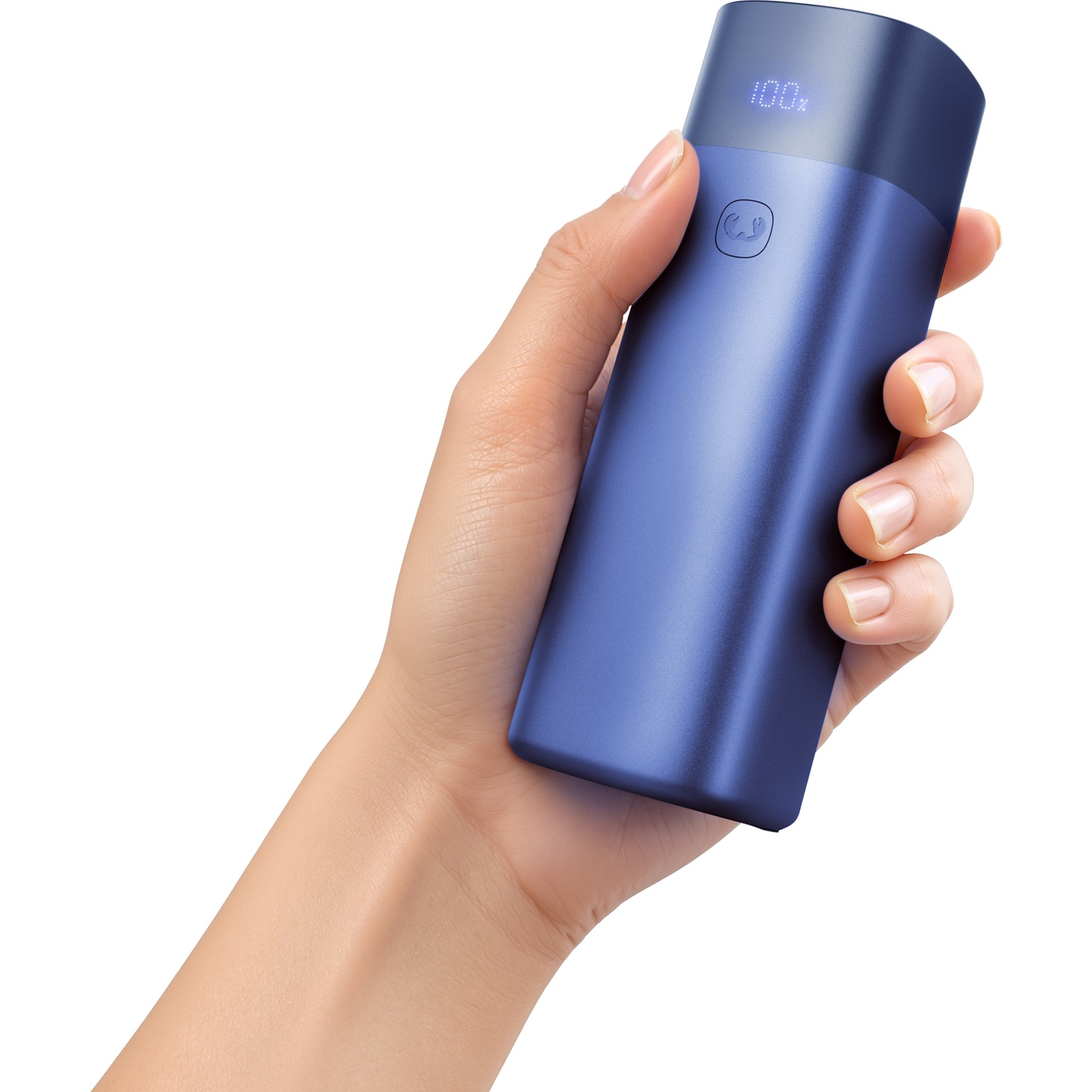 A hand holds a blue power bank with a digital display showing 100%.