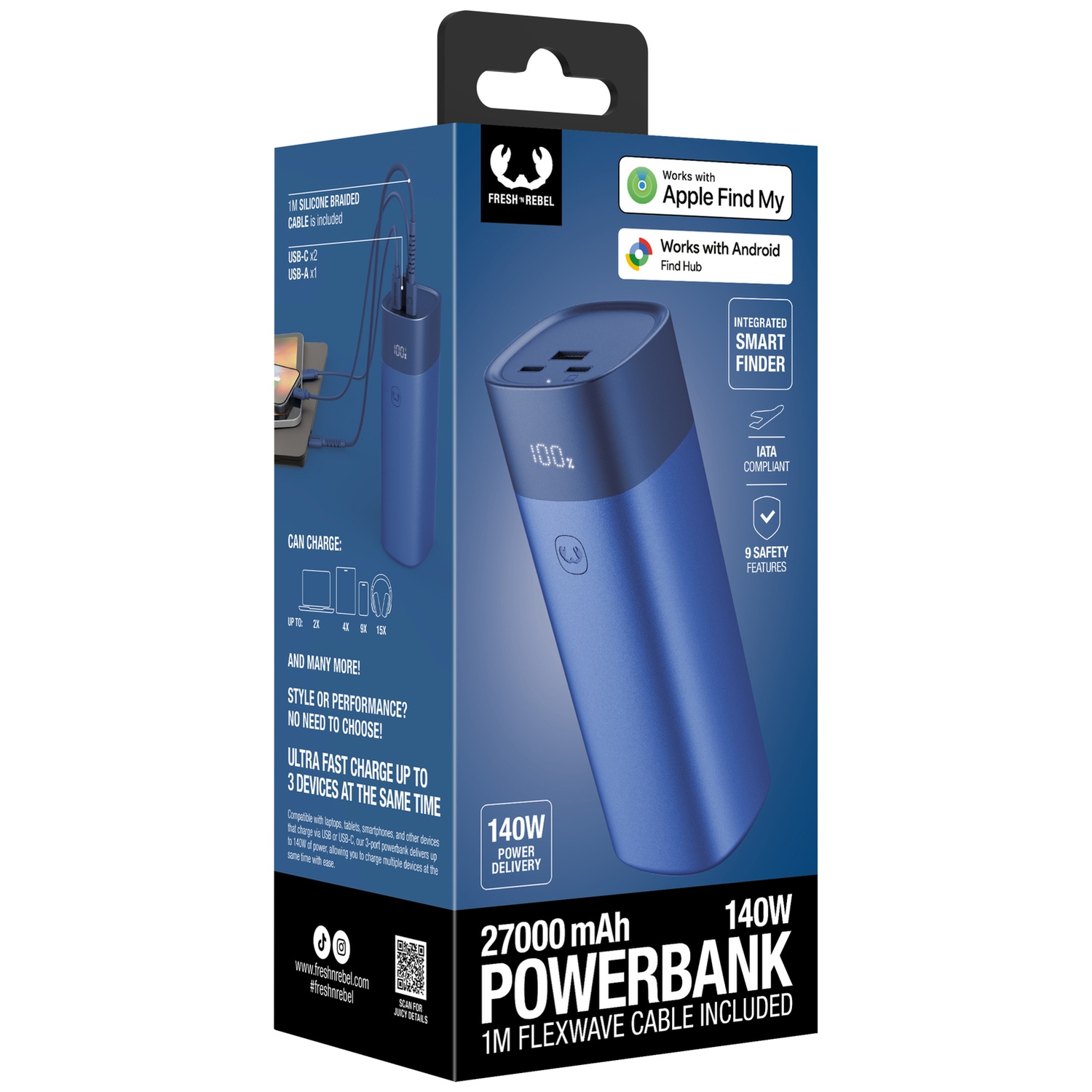 Blue Fresh 'n Rebel powerbank packaging with 27000 mAh and 140W.