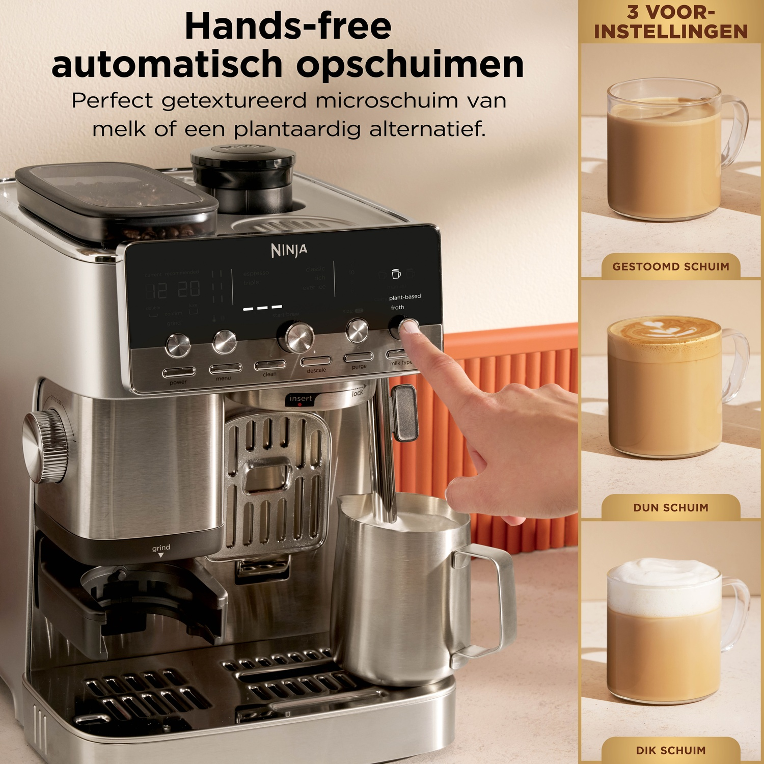 A Ninja espresso machine with hands-free milk frothing and three foam options.