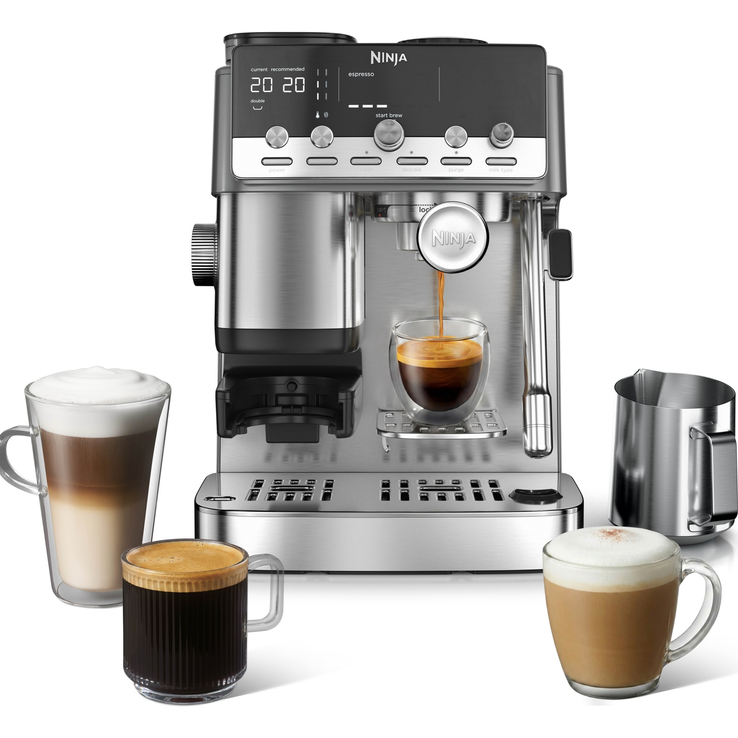 A stainless steel espresso machine pours coffee into a cup, surrounded by various coffee drinks.