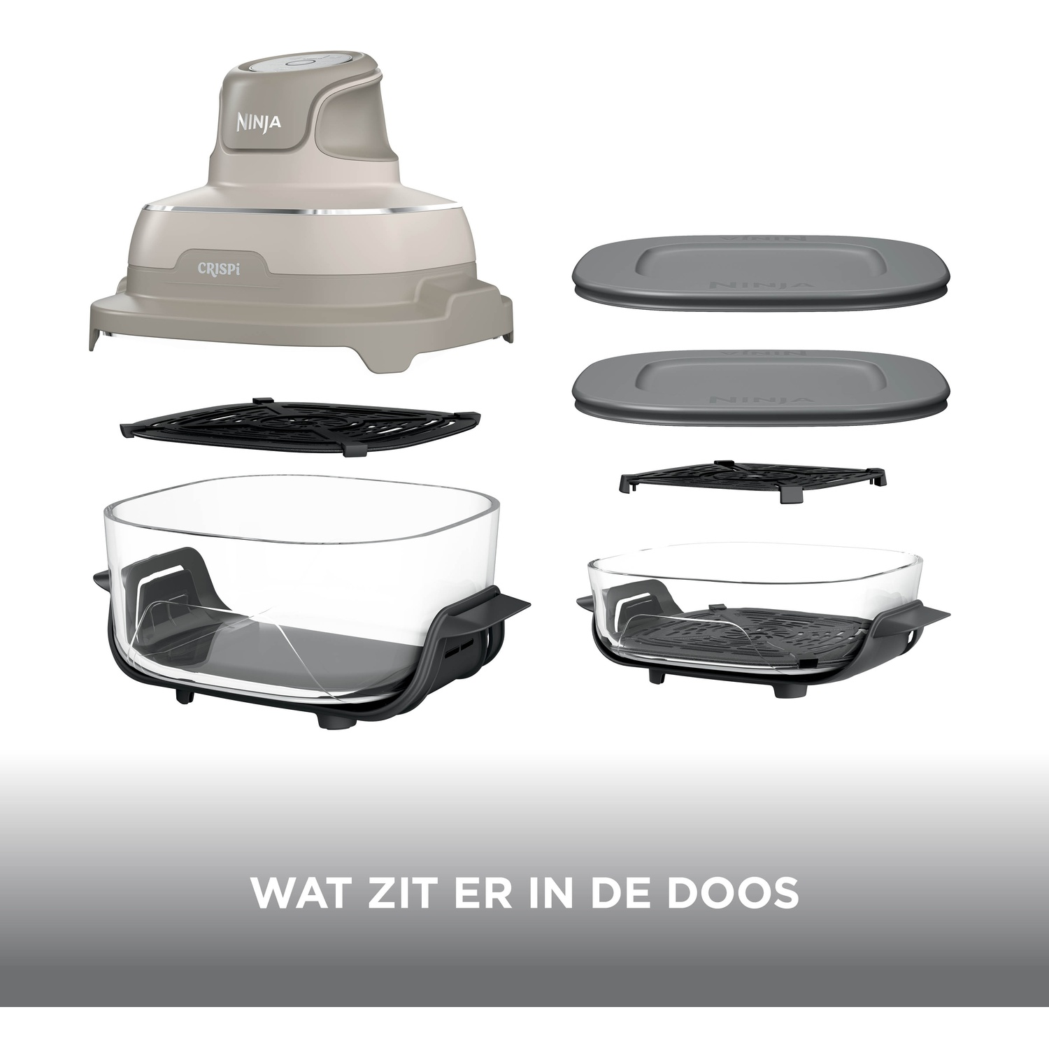 Ninja Crispi appliance with accessories, glass bowls, and lids, with text at the bottom.