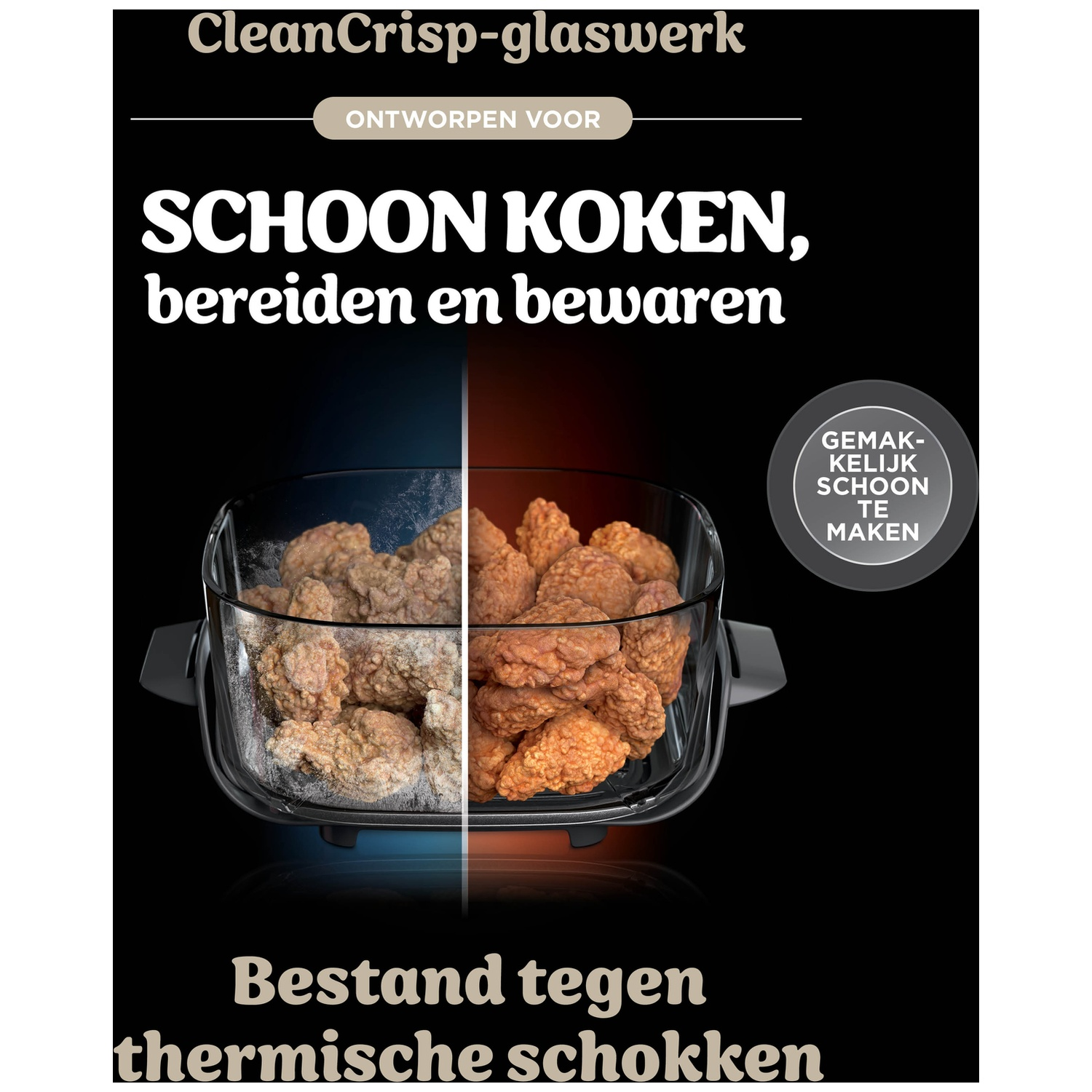 Glass container with food, left cold with frost, right warm, resistant to thermal shocks.