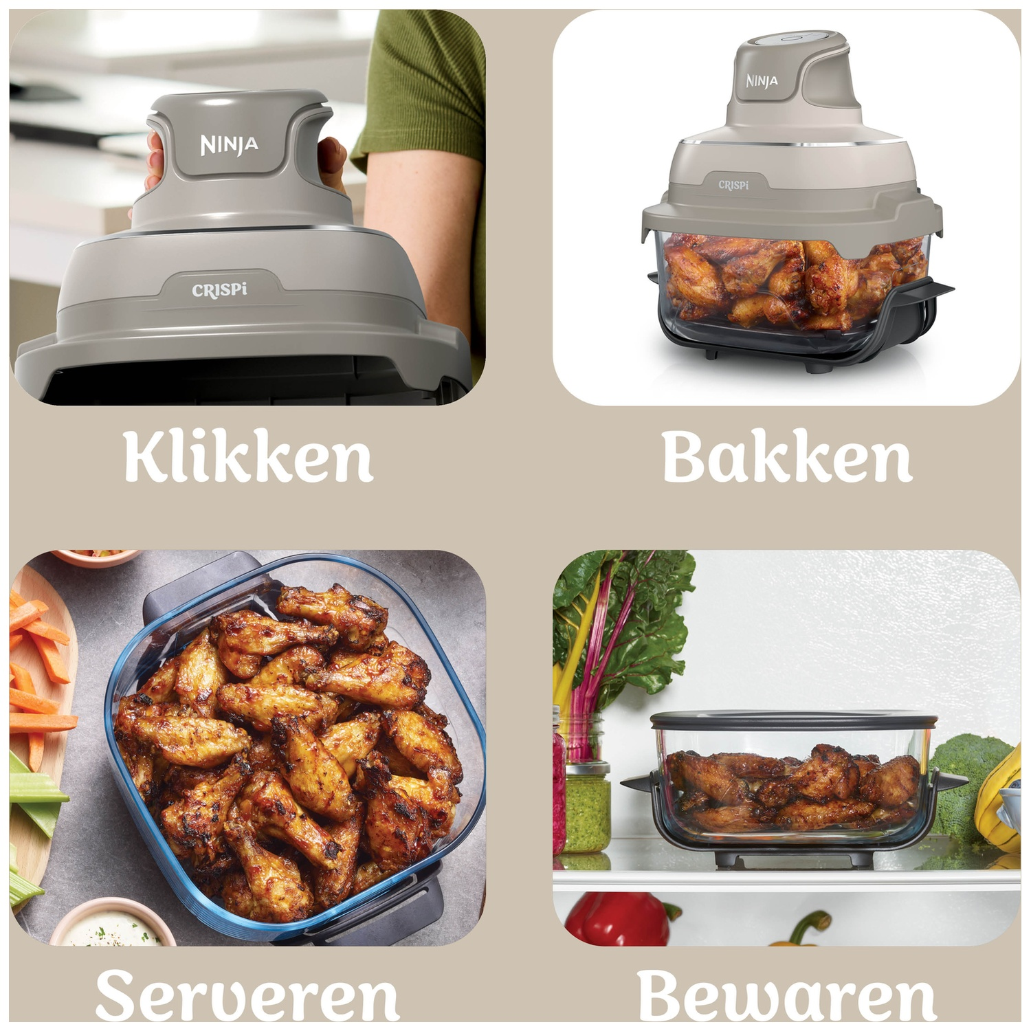 Four images show using a Ninja Crispi cooking device for clicking, baking, serving, and storing.