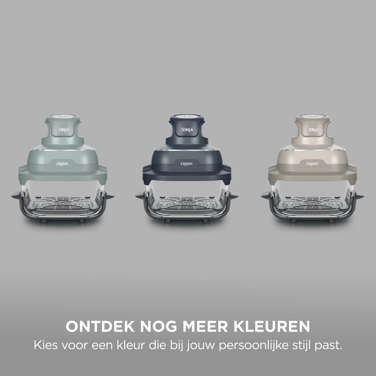 Three Ninja Crispi air fryers in mint green, dark grey, and beige are displayed on a grey background.