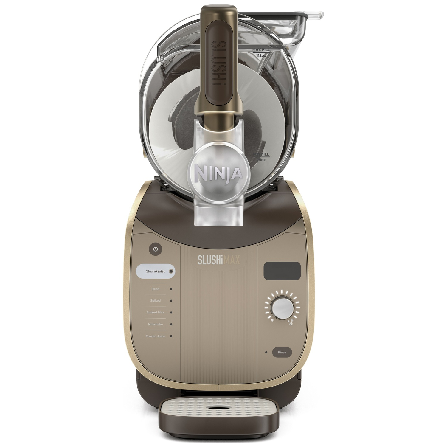 A brown and gold Ninja SlushiMax frozen drink maker with a clear container and digital control panel.