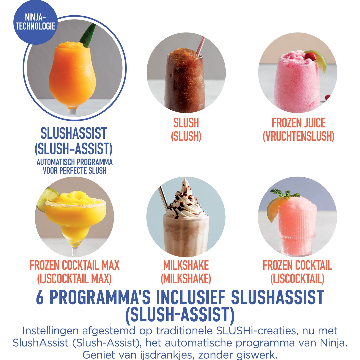 Six different drink programs including slush, milkshake, and frozen cocktail with descriptions.