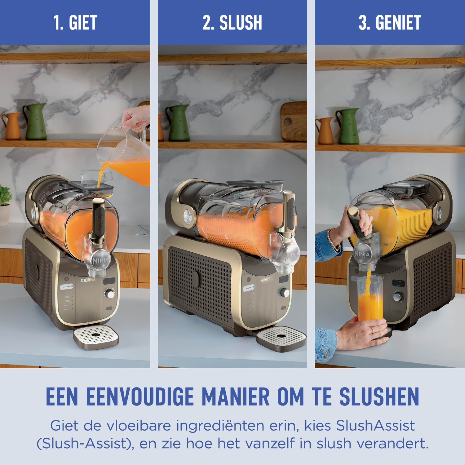 Three steps to make slush: pour ingredients, let machine process, and enjoy.