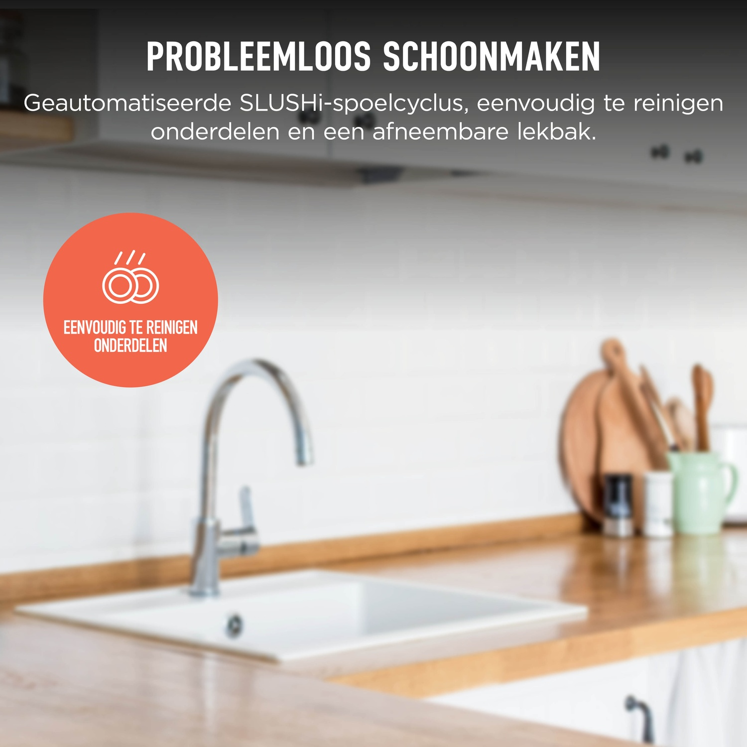 A kitchen counter with a sink, faucet, and text about easy cleaning.