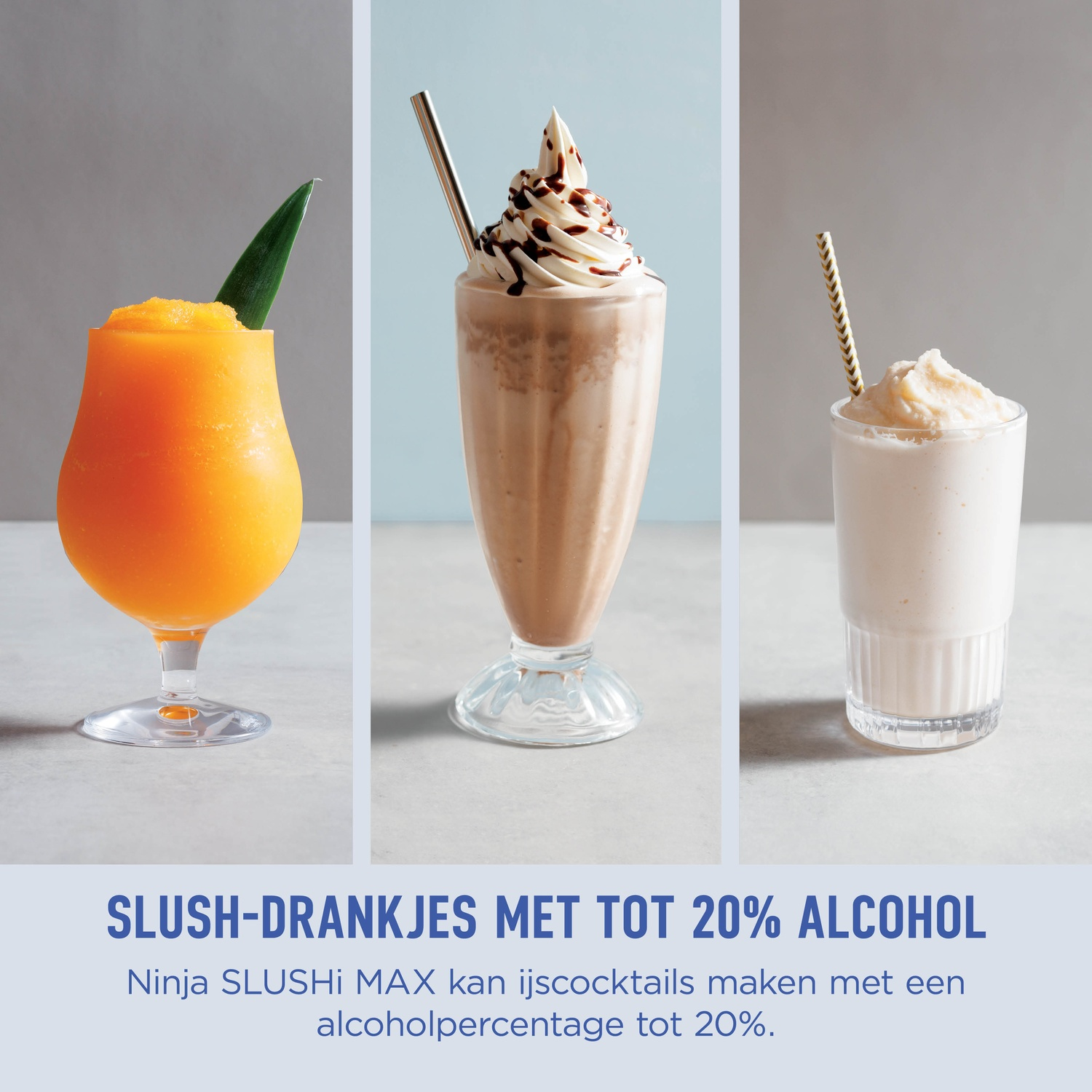 Three different cocktails in glasses with Dutch text below about alcoholic slush drinks.