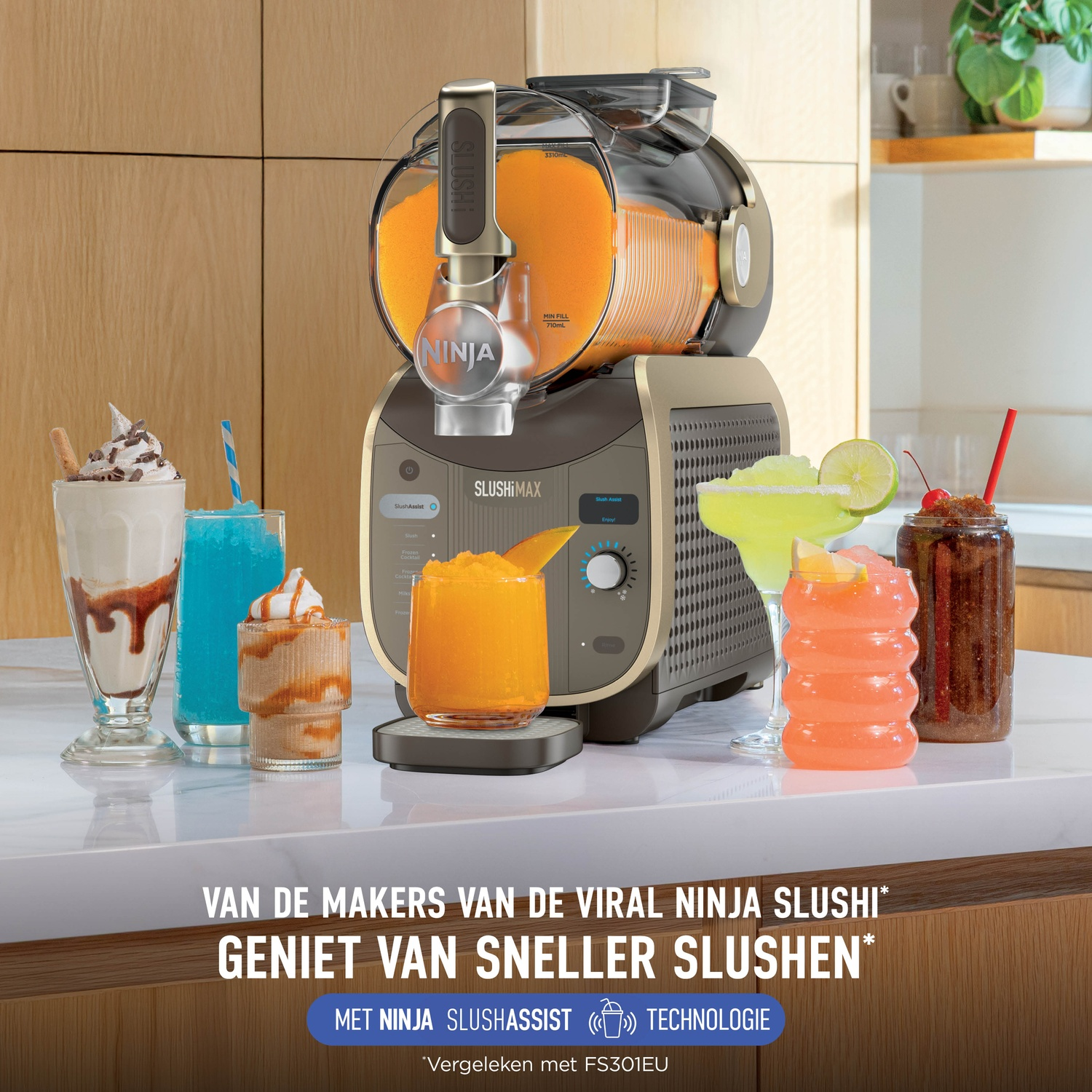 A Ninja Slushi machine on a counter, surrounded by colorful frozen drinks in various glasses.