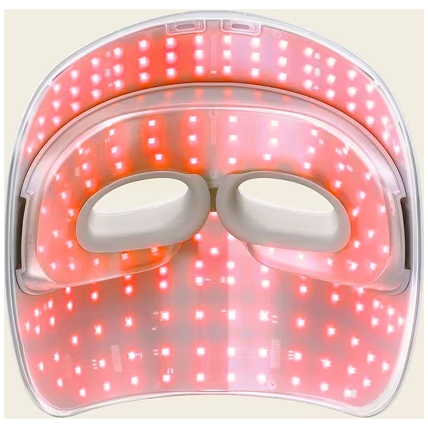 A white facial mask featuring red LED lights and eye openings.