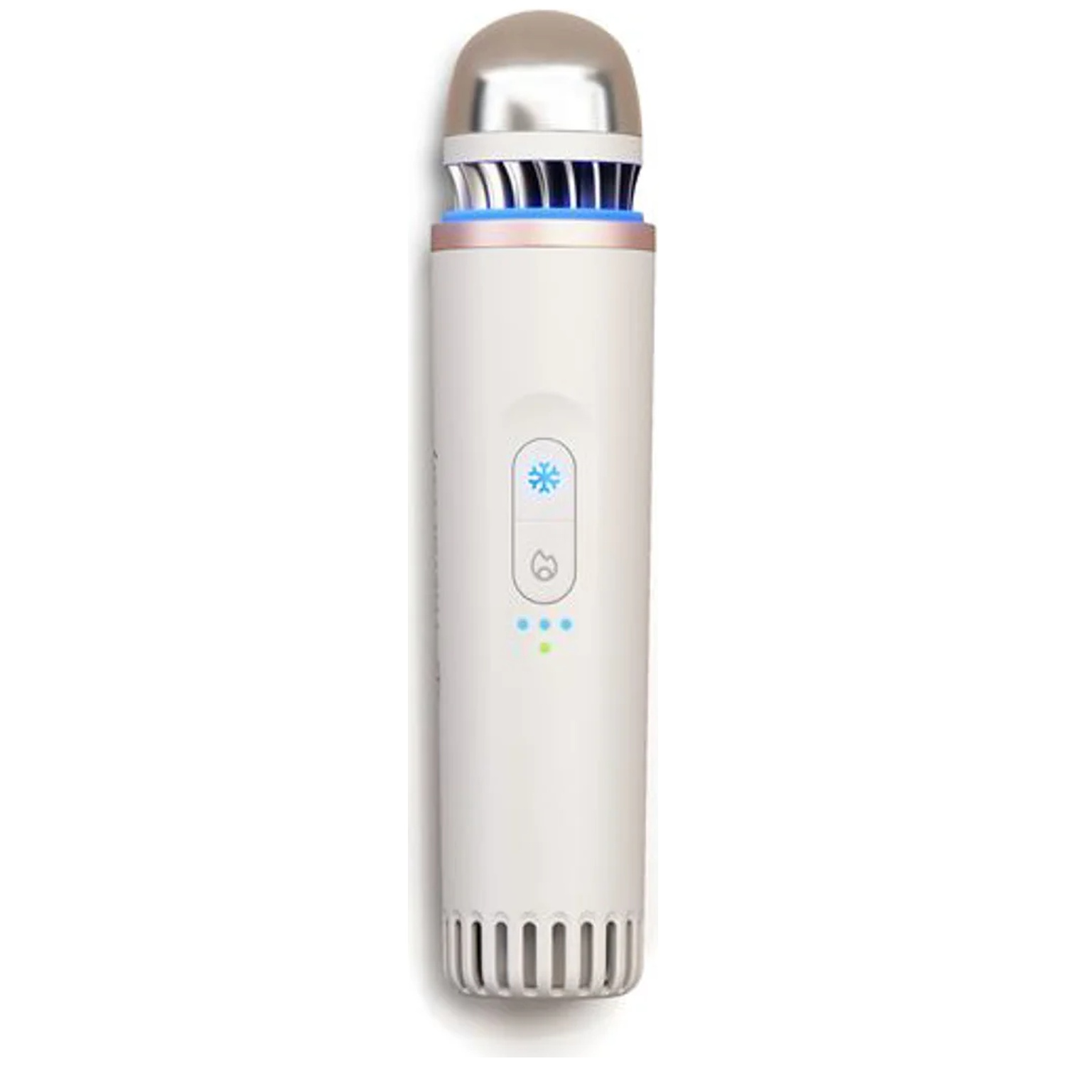 A white handheld device with a silver cap, blue LED lights, and control buttons on a white background.