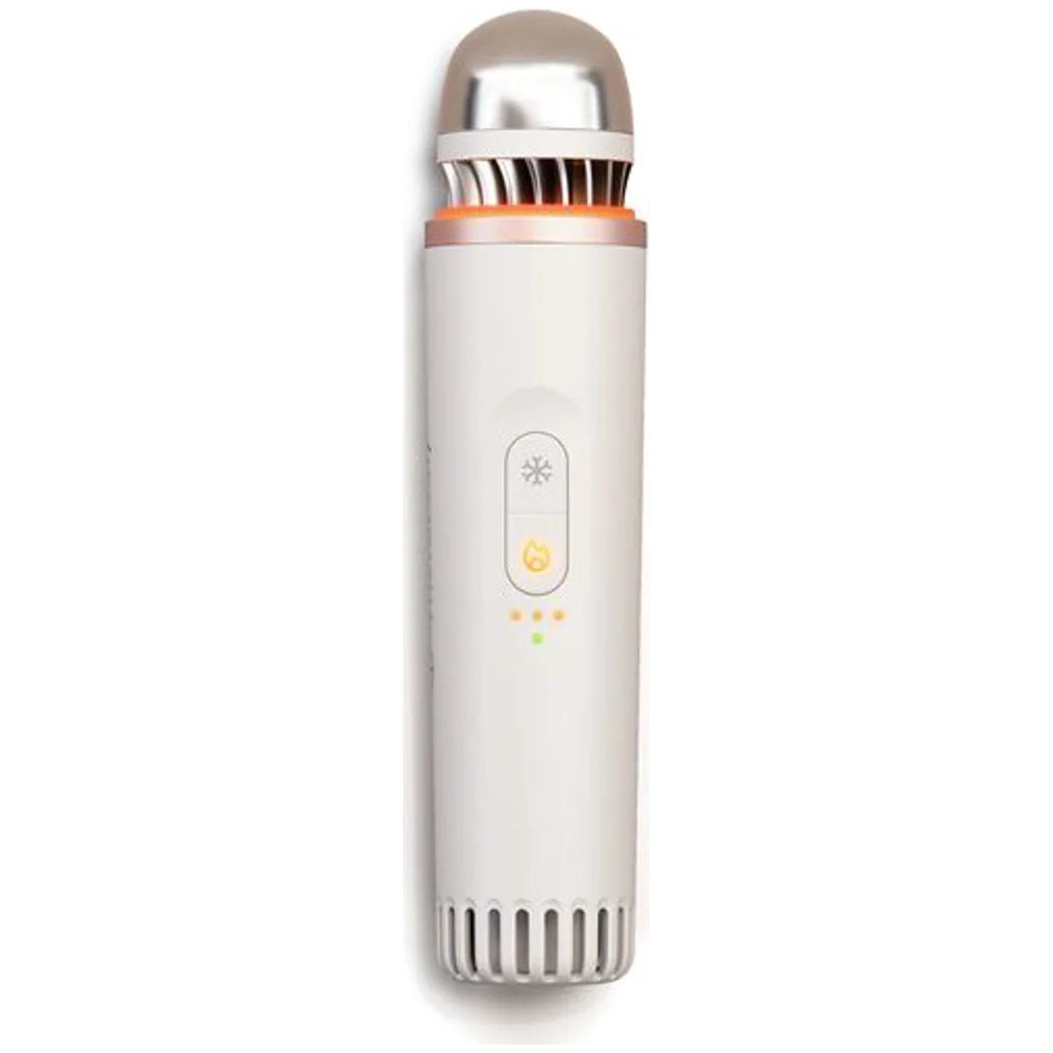 A white handheld device with a silver top, control buttons, and ventilation slots.