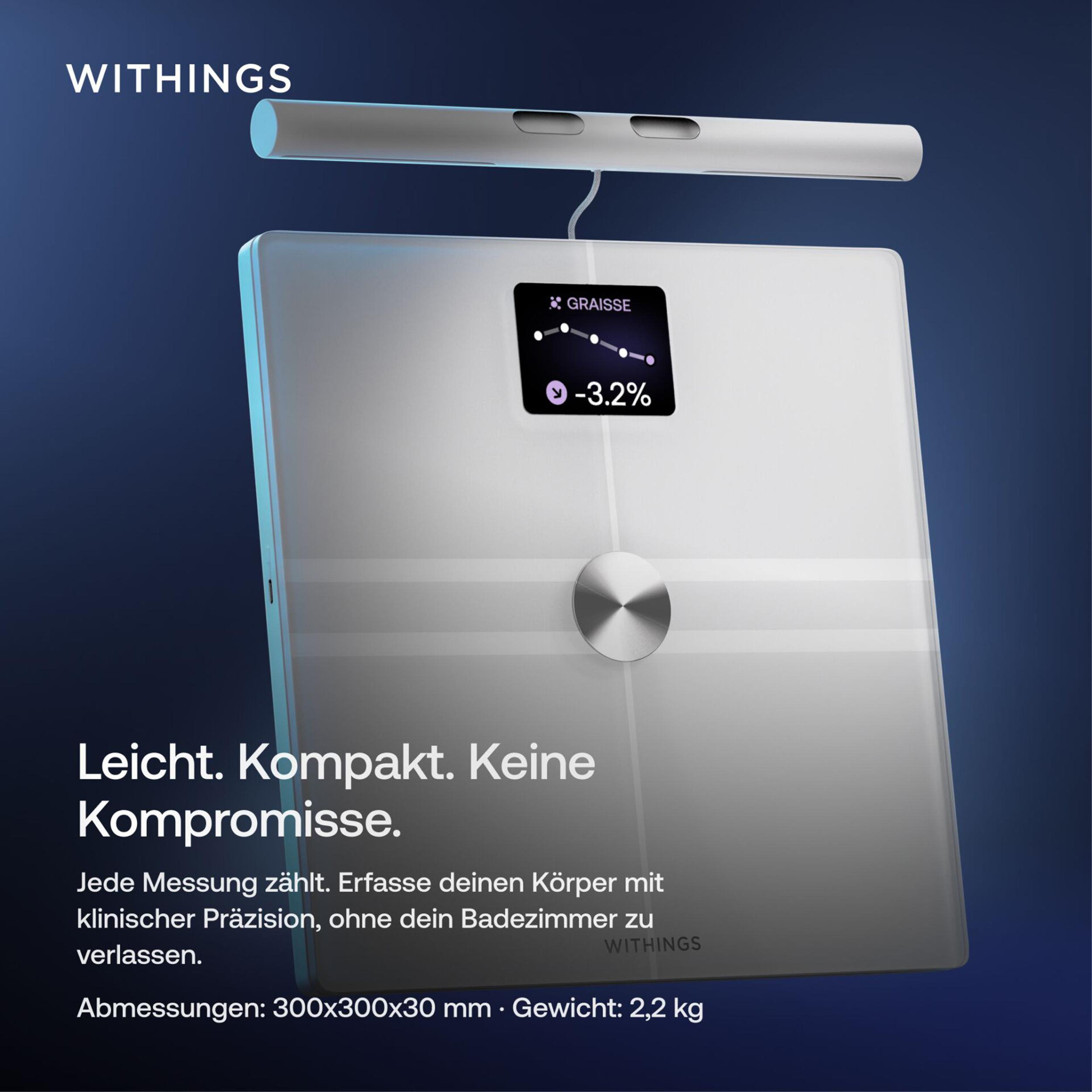 Moderne Withings Waage mit digitalem Display und Griffstange vor blauem Hintergrund.