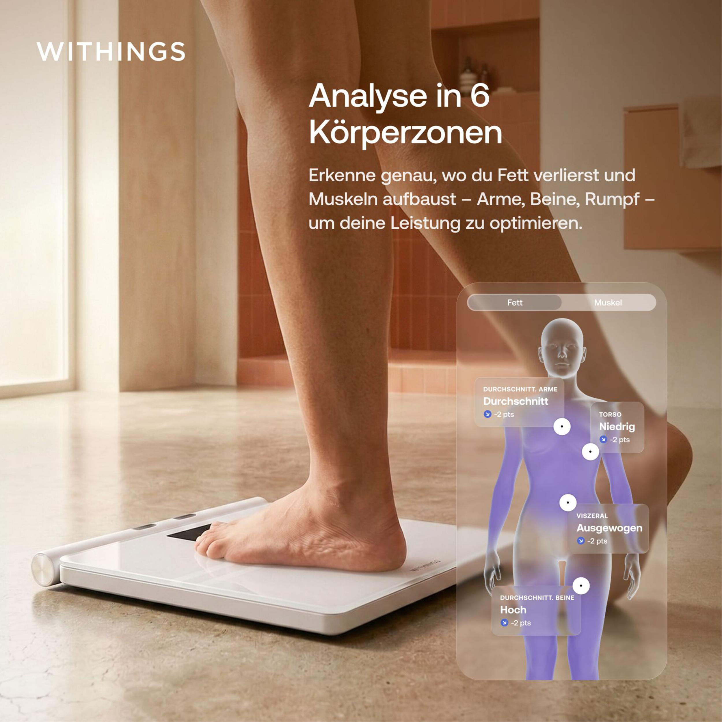 Person steht auf weißer Withings-Waage, daneben wird eine 3D-Körperanalyse auf einem transparenten Bildschirm angezeigt.