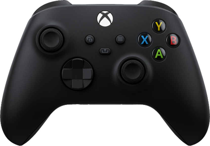 Manette sans fil Xbox noire avec logo lumineux, deux joysticks analogiques, une croix directionnelle et des boutons colores.