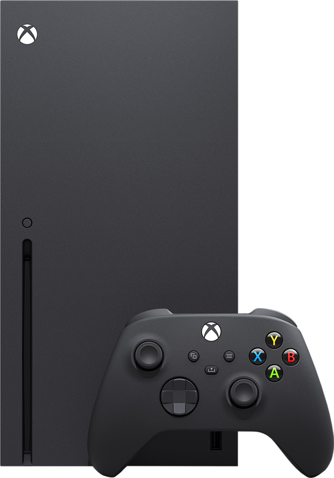 Une console Xbox Series X noire se tient debout à côté d'une manette sans fil assortie.
