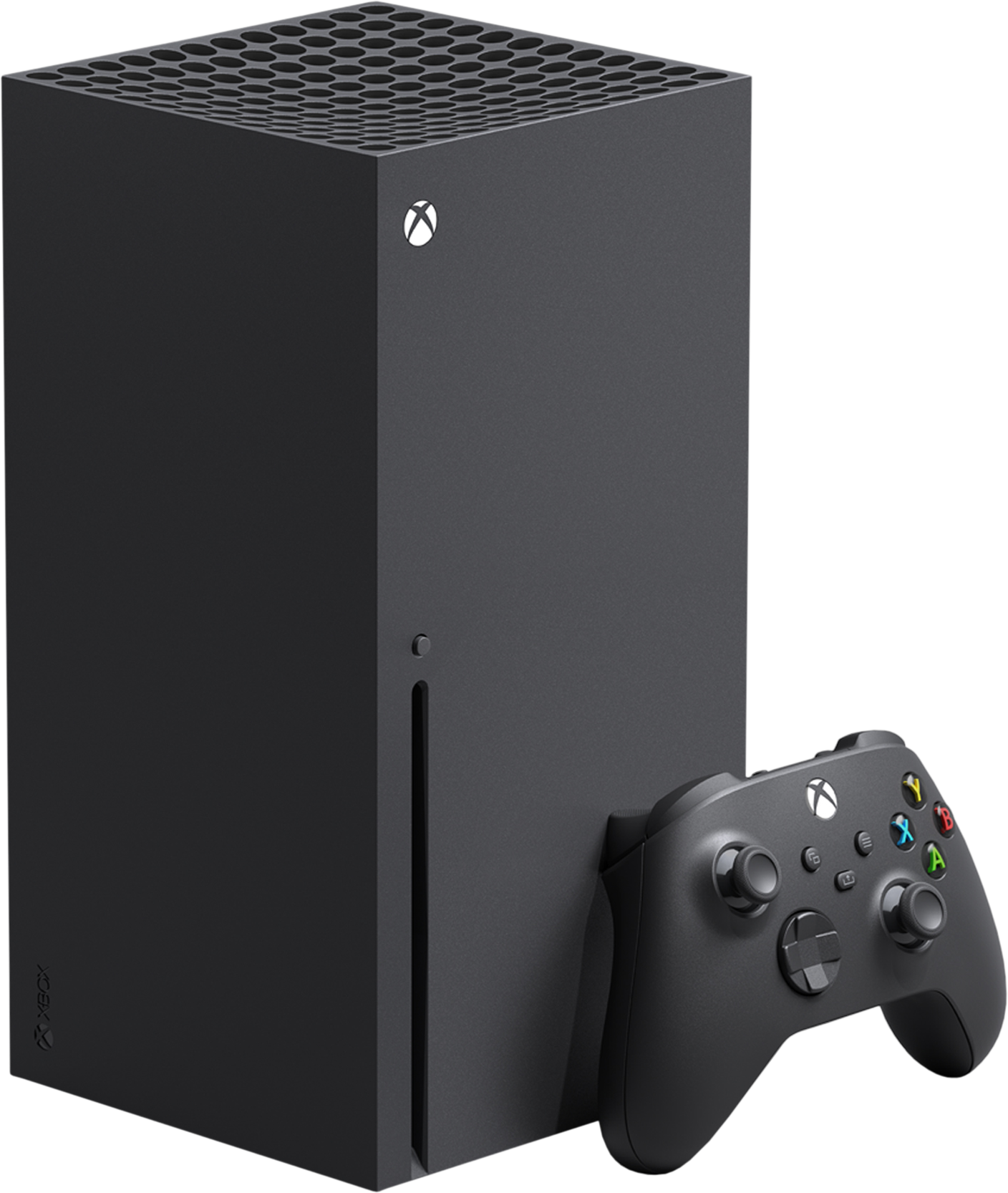 Une console Xbox Series X noir mat se dresse à côté d'une manette sans fil noire assortie sur fond noir.