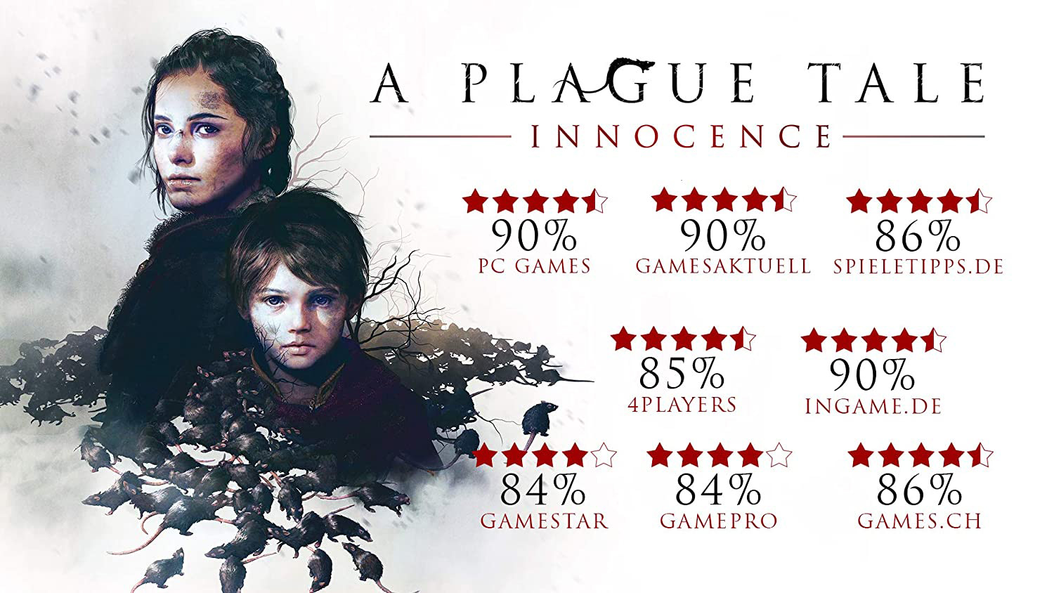 A Plague Tale: Innocence-Poster mit zwei Kindern und positiven Kritiken.