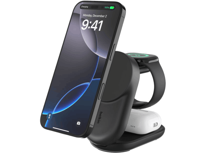 Base de carga - Belkin WIZ049kqDG-MR, Inalámbrico, BOOSTCHARGE Qi2 25 W 3 en 1, Gris