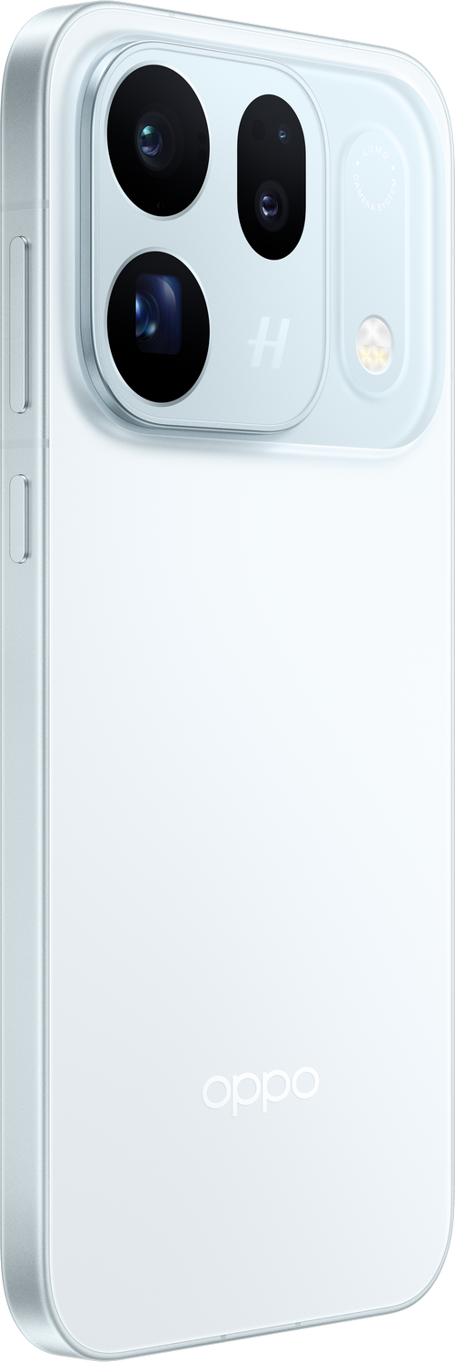 Parte trasera de un smartphone Oppo azul claro con módulo de cámara rectangular y logo.