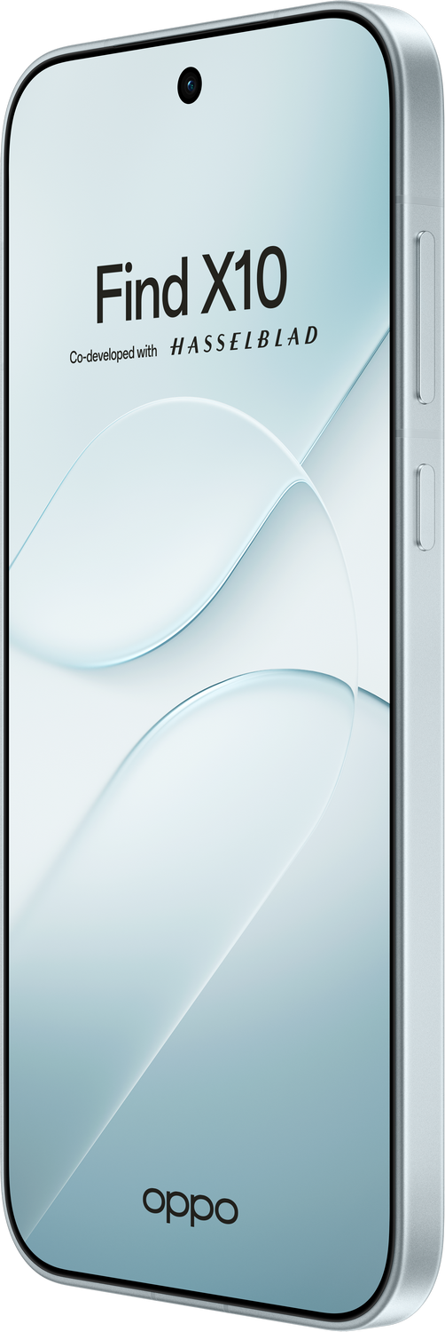 Vista frontal de un smartphone Oppo Find X10 plateado con pantalla curva y orificio para cámara.