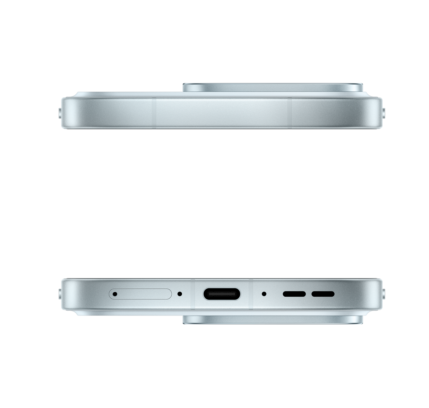 Lados superior e inferior de un smartphone azul claro con puerto USB-C sobre fondo negro.