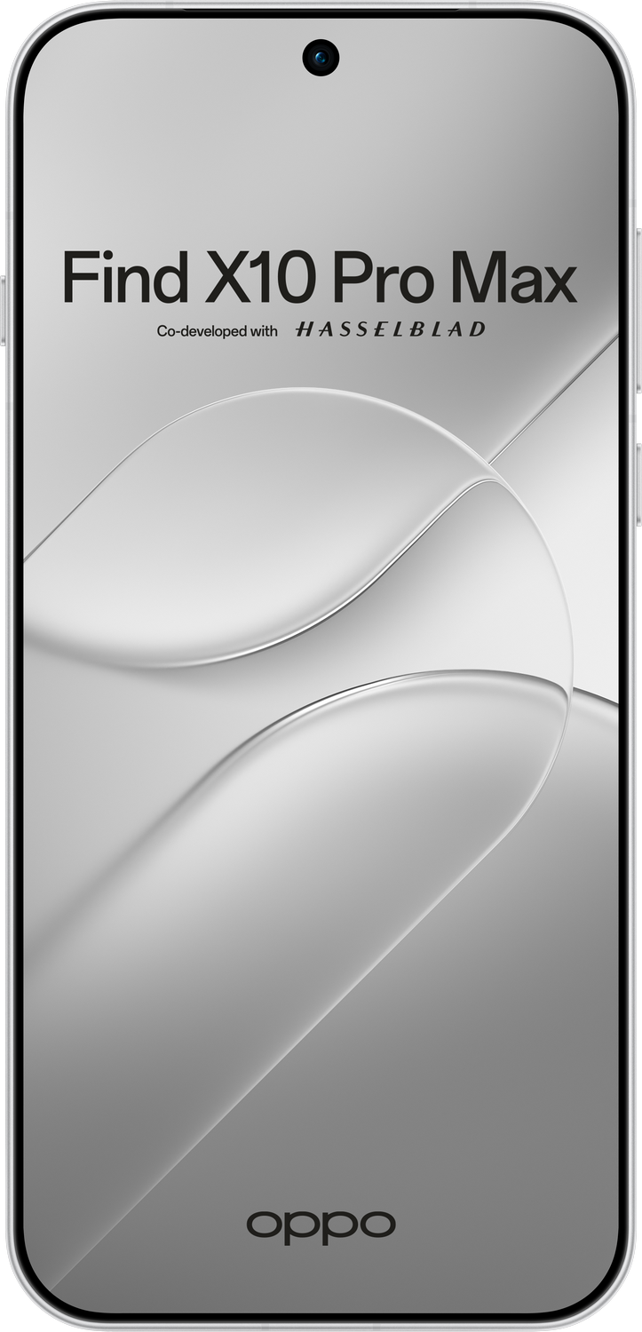 Vista frontal del teléfono inteligente Oppo Find X10 Pro Max con fondo claro.