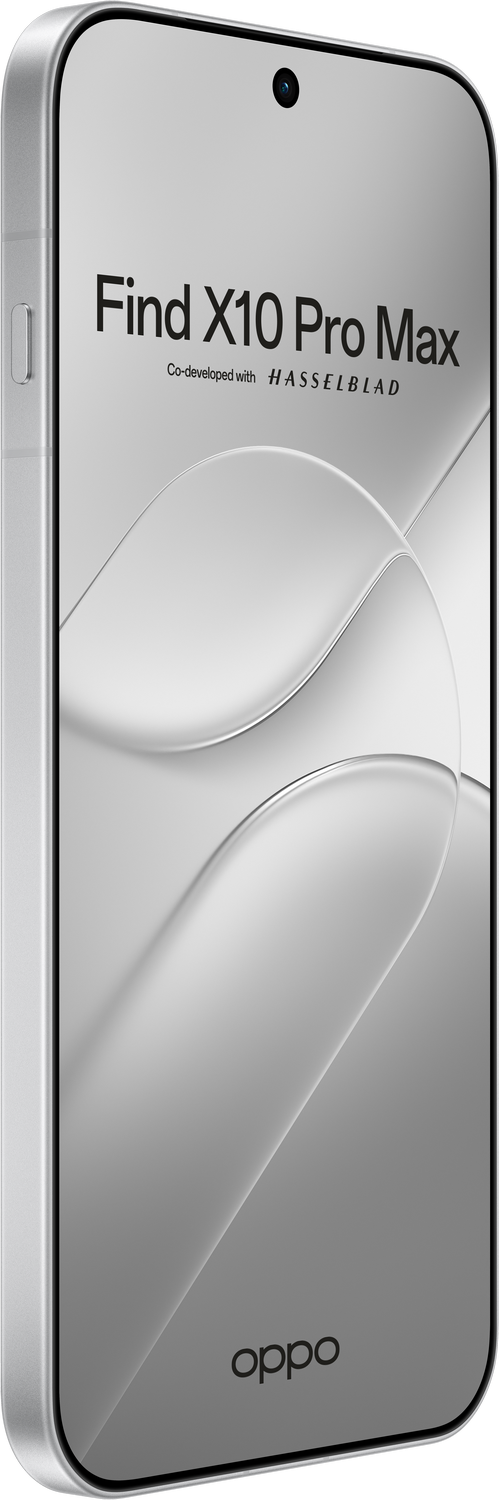 Smartphone Oppo Find X10 Pro Max en acabado plateado, pantalla curva y marca Hasselblad.