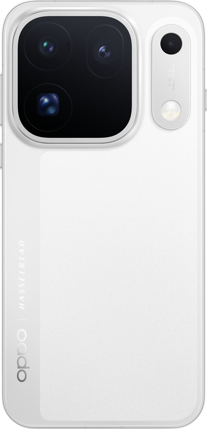 Parte trasera de un smartphone blanco con tres cámaras y marca Hasselblad.