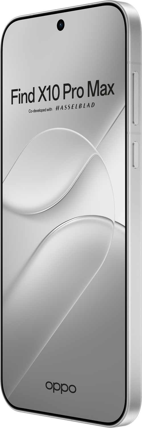 Smartphone plateado con pantalla Find X10 Pro Max y logo de OPPO.