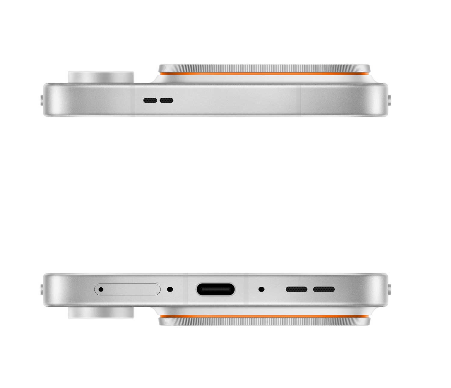 Vista lateral de un smartphone plateado que muestra la bandeja SIM, puerto USB-C y altavoces sobre fondo negro.