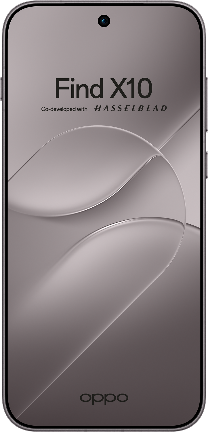 Vista frontal del smartphone Oppo Find X10 con un fondo de pantalla de ondas abstractas.
