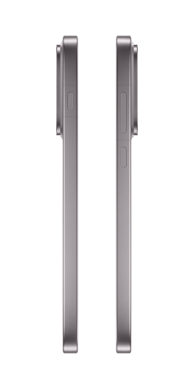 Vista lateral de un teléfono inteligente gris con botones físicos sobre fondo negro.
