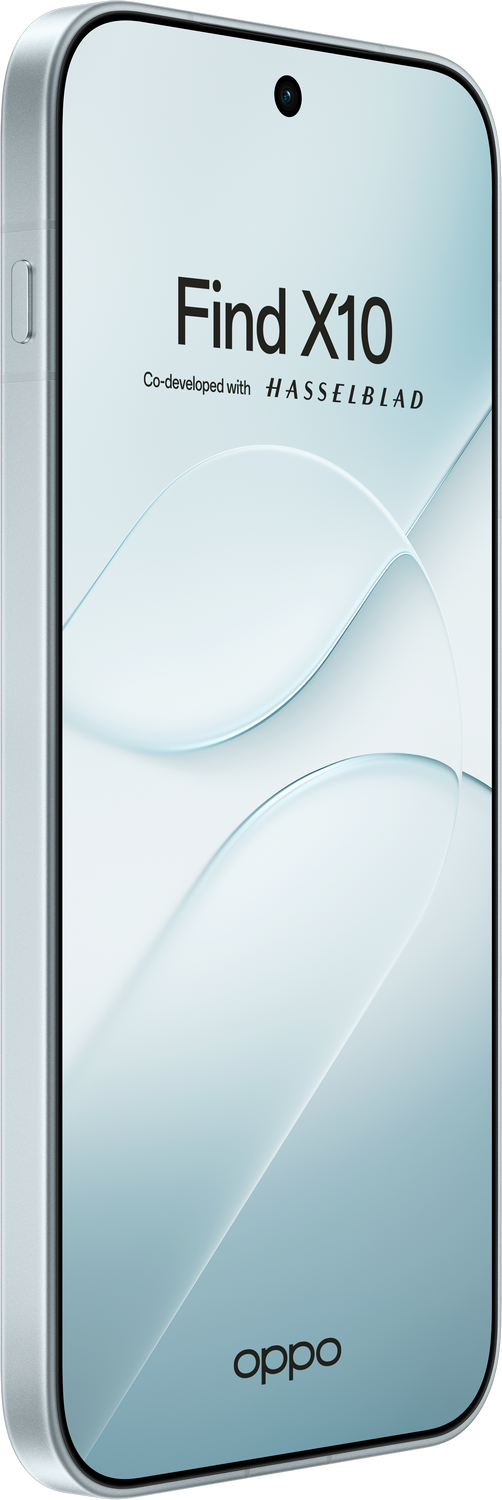 Un smartphone blanco Oppo Find X10 con fondo curvo y texto Find X10 Hasselblad en la pantalla.