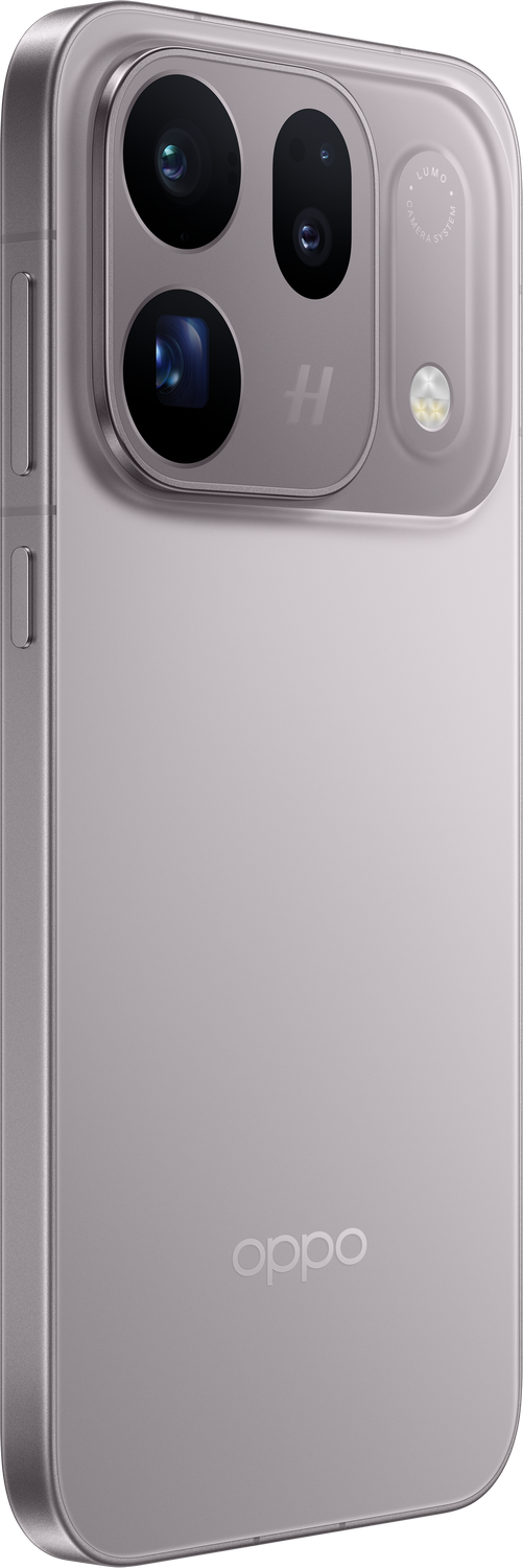 Parte trasera de un smartphone Oppo gris con módulo de cámara rectangular, logotipo de Hasselblad y marca.