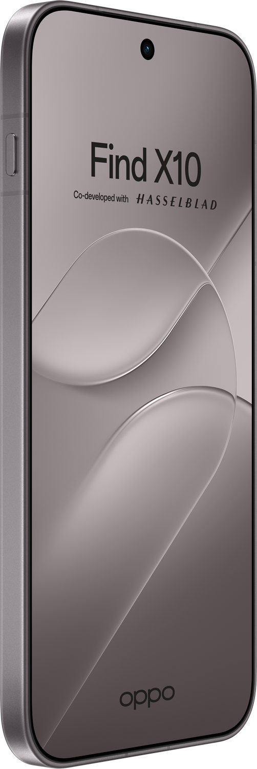 Primer plano del smartphone Oppo Find X10, mostrando la pantalla con formas abstractas y el logotipo de Oppo.