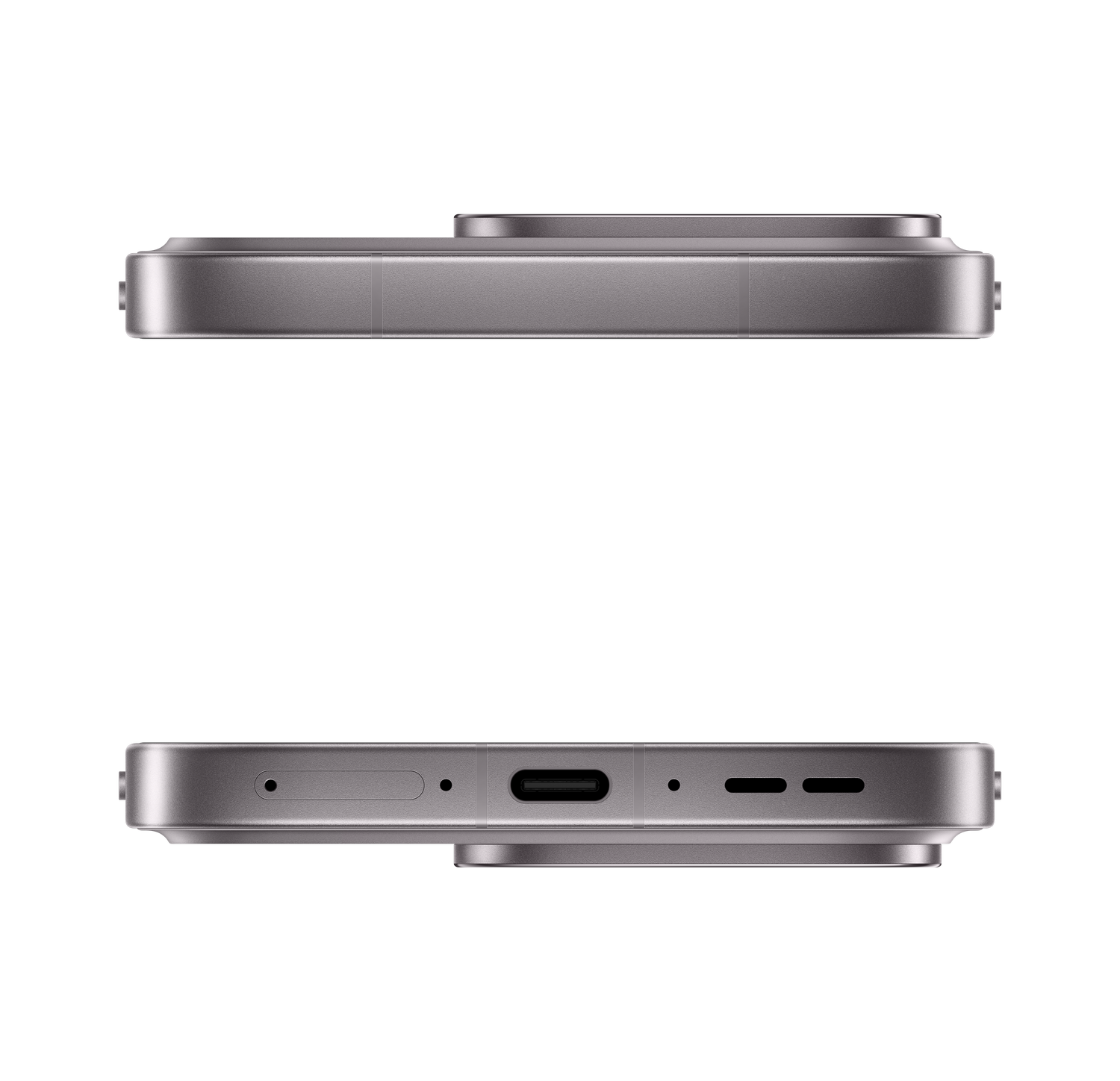 Lados superior e inferior de un smartphone gris con puertos y altavoces sobre fondo negro.
