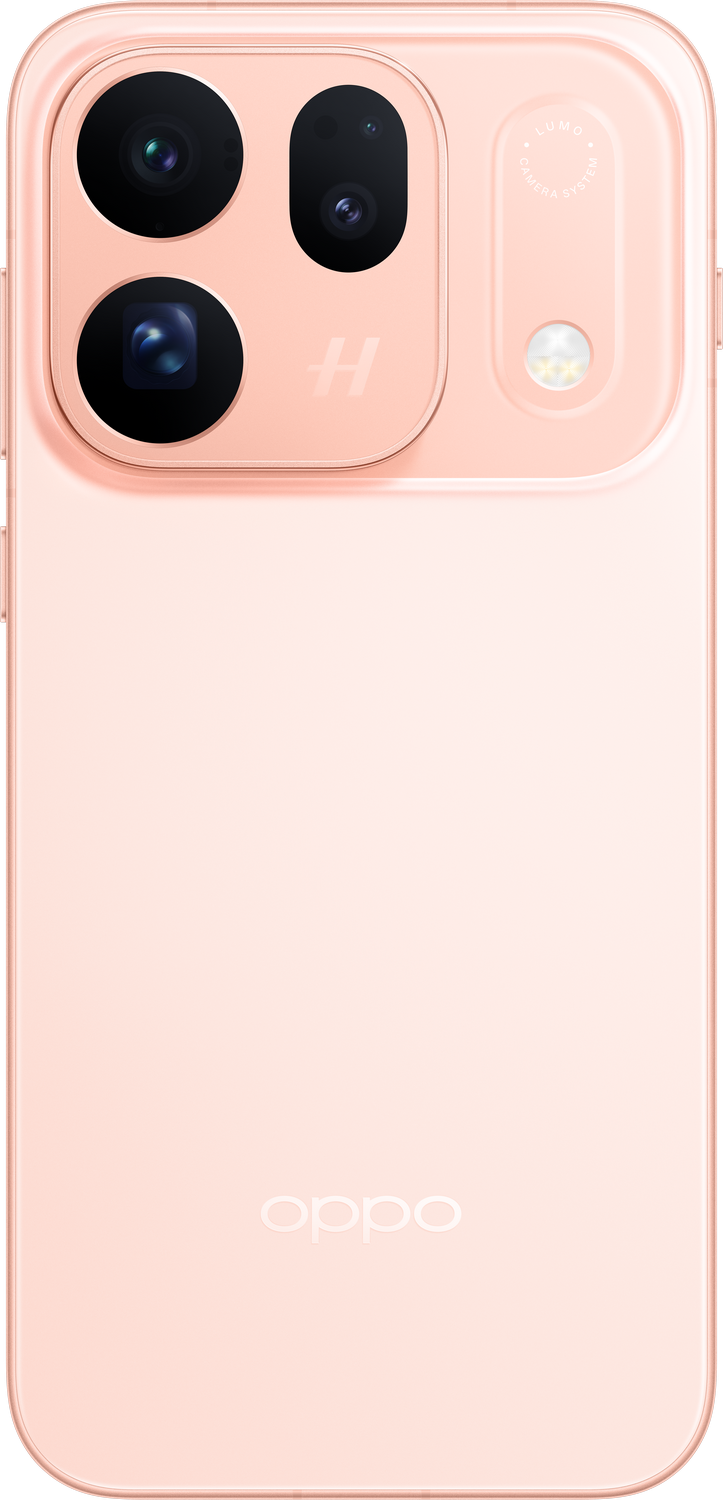 Parte trasera de un smartphone Oppo rosa con un módulo de triple cámara arriba a la izquierda.