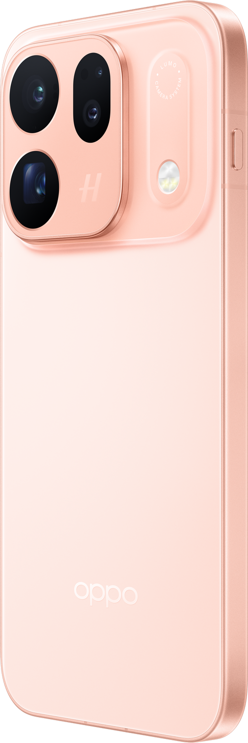 Parte trasera de un smartphone Oppo rosa con módulo de triple cámara y logotipo.