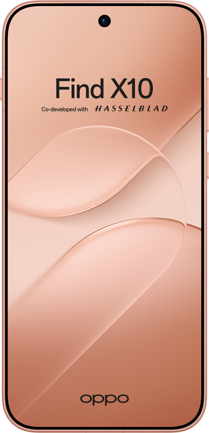 Smartphone Oppo Find X10 con pantalla de oro rosa y fondo curvo.