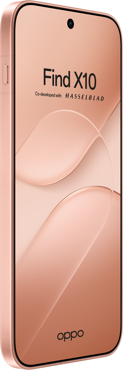 Un smartphone de oro rosa muestra el texto Find X10 y Hasselblad en la pantalla.