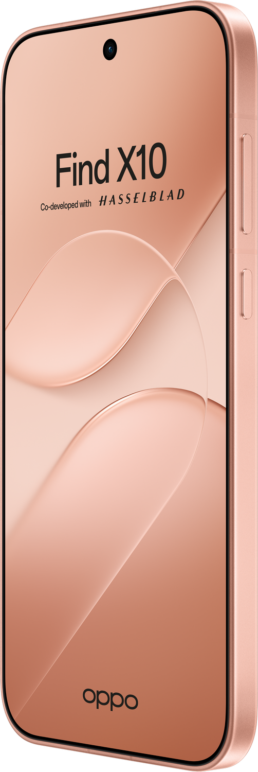 Smartphone Oppo Find X10 de color dorado con pantalla curva y botones laterales.