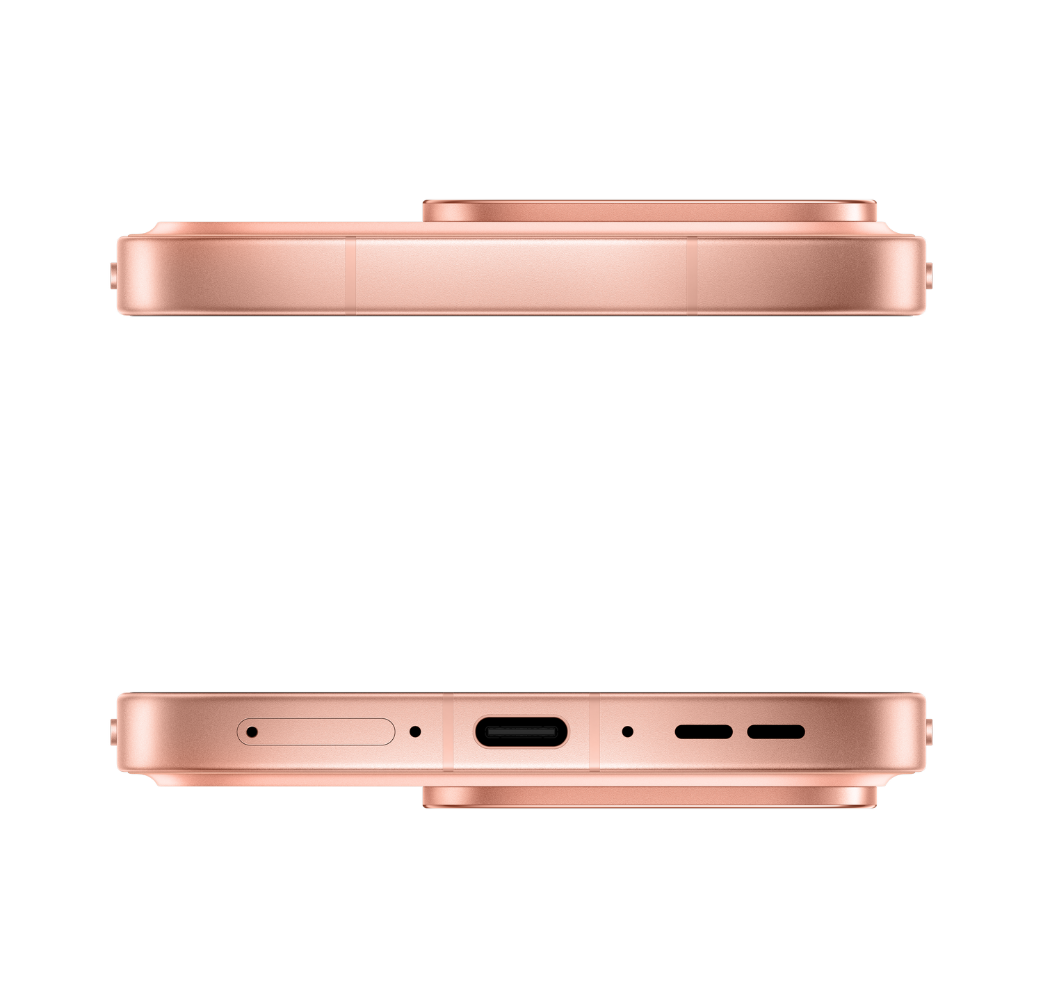 Vista lateral de un teléfono inteligente rosa con protuberancia de cámara, puerto USB-C y altavoces sobre fondo negro.