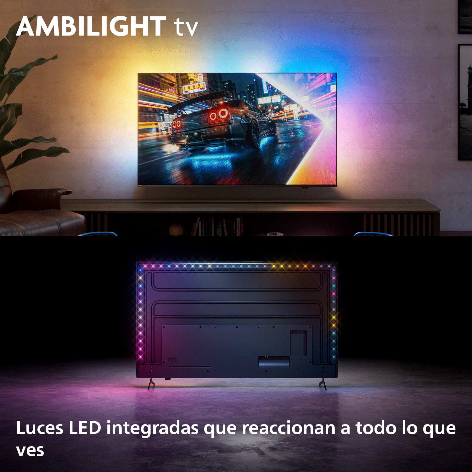Televisor Ambilight con luces LED integradas en la parte trasera que proyectan colores acordes a lo que se ve.