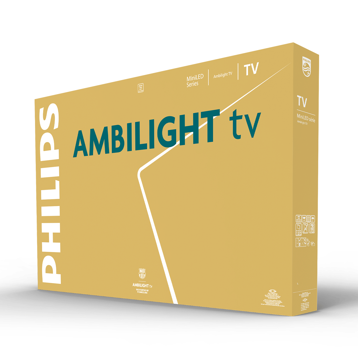 Caja de TV Philips Ambilight amarilla con texto oscuro y gráfico de línea blanca en suelo blanco.