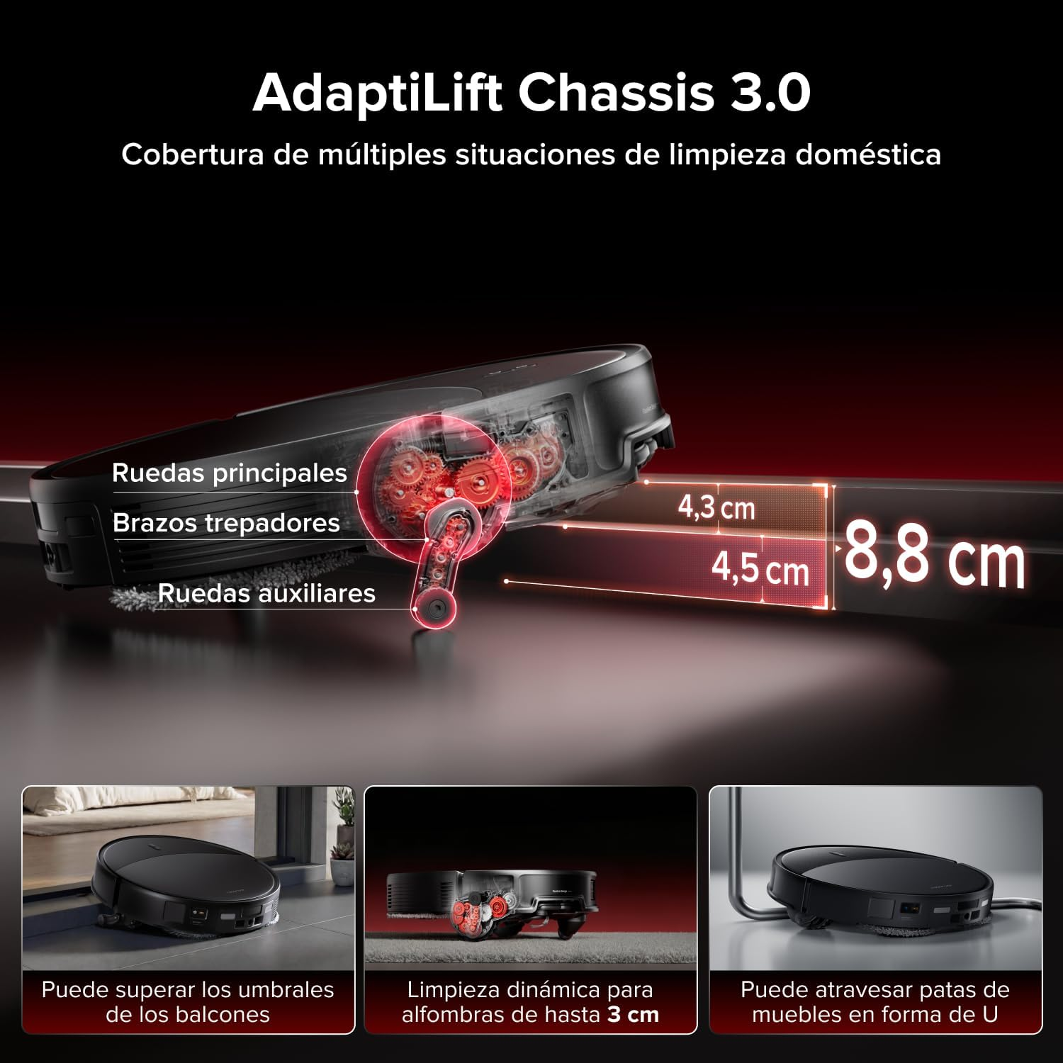 Diagrama de chasis de robot aspirador con mecanismo de elevación, dimensiones y tres ejemplos.