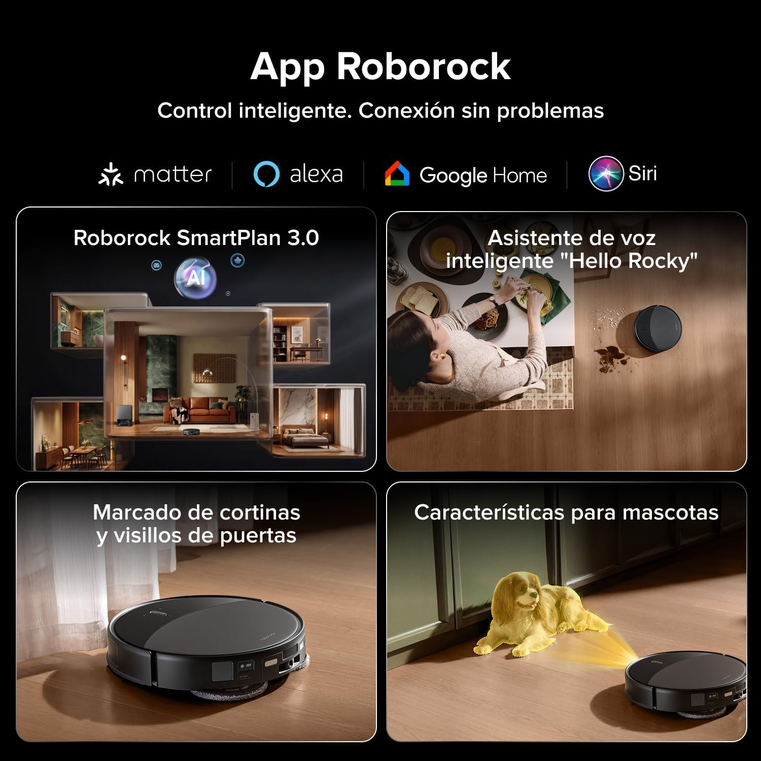 Interfaz de app y robotaspirador en cuatro paneles con control por voz, plan inteligente y funciones para mascotas.
