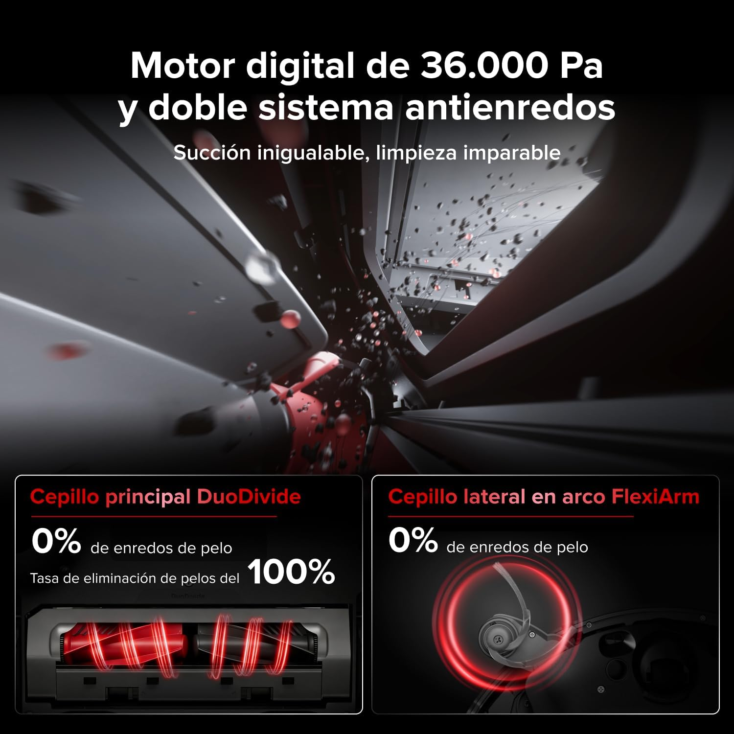 Anuncio de aspiradora destaca 36.000 Pa de succión y cero enredos de pelo.