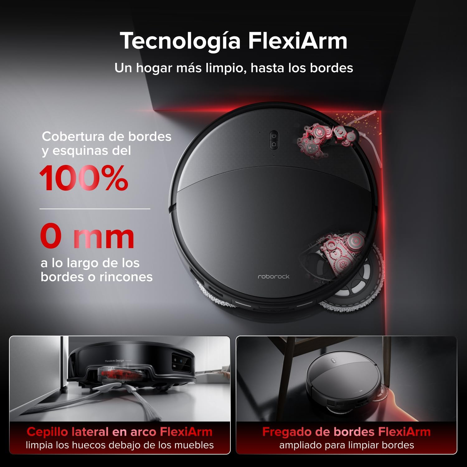 Robot aspirador FlexiArm limpiando esquinas y bordes con cepillos extensibles.